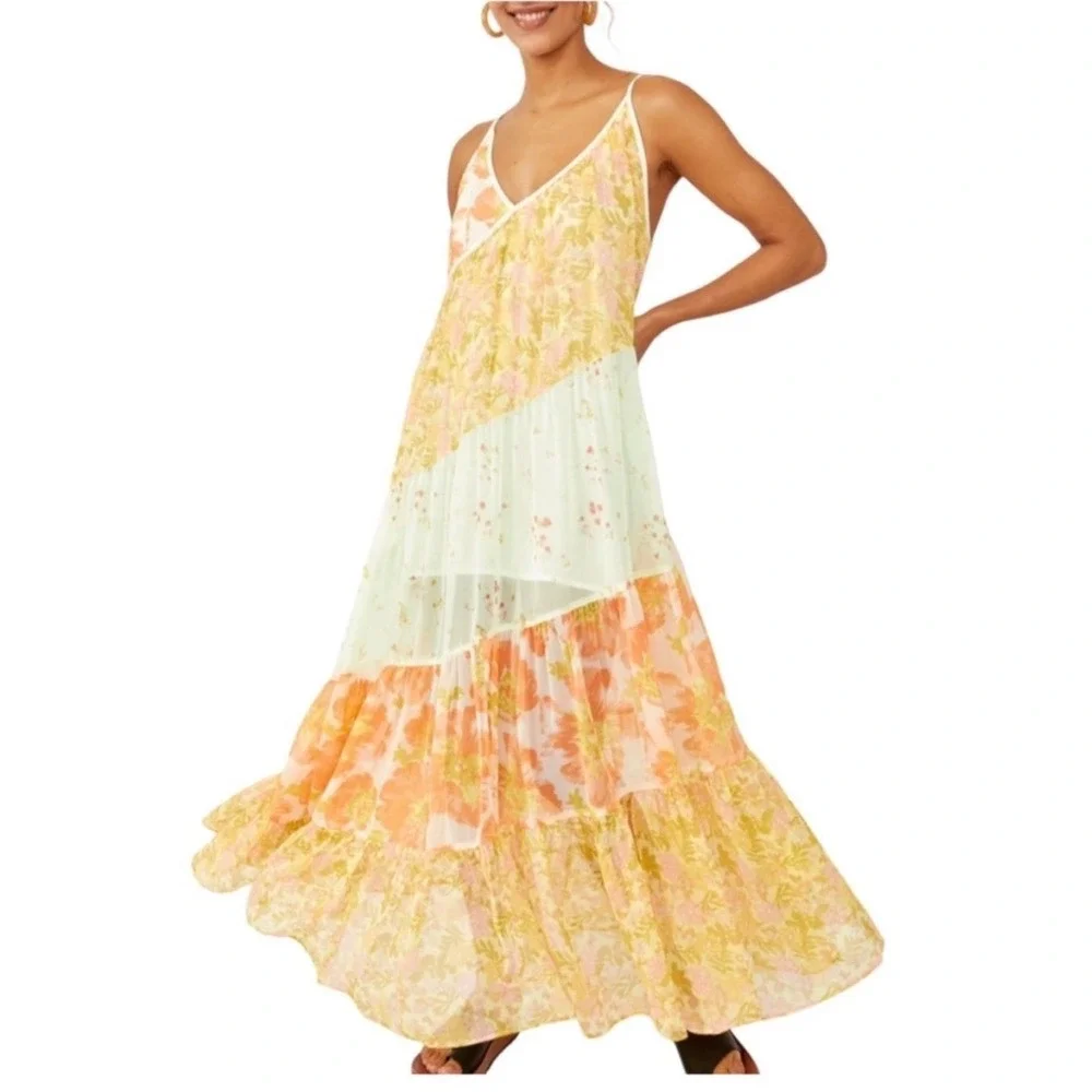 Free People Boho Maxi Dress Women Medium Yellow Floral Tiered Mixed Print V-Neck